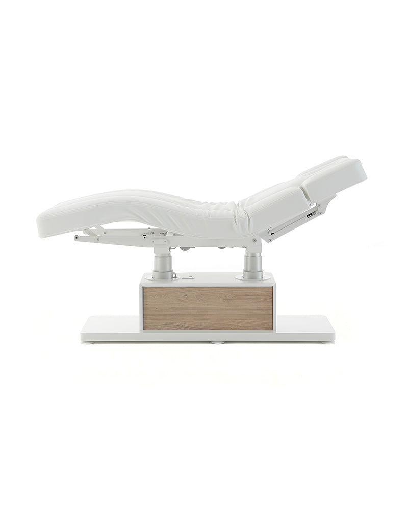 The Clair - White massage treatment table with oak pattern details - with motor - with adjustable armrests